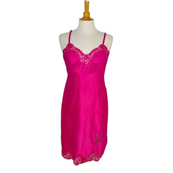Vintage Lingerie Fuchsia Pink Barbiecore Embroidered  Slip Nightgown - Small - Picture 2 of 8